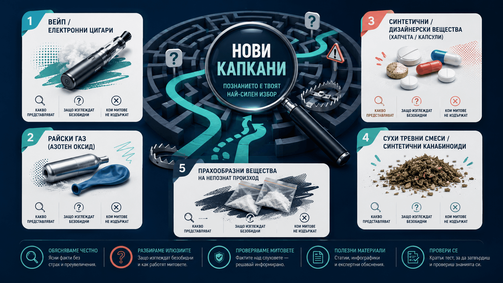 Инфографика „Нови капани“ — петте групи вещества и как ги разглеждаме: какво представляват, защо изглеждат безобидни и кои митове не издържат